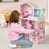  Drvena kućica za lutke s 3 kata i 10 namještajem te 5 soba, kućica za lutke - ružičasta | shoptok.hr