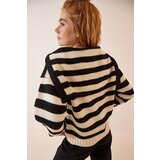 Happiness İstanbul Women's Black Cream Polo Collar Striped Knitwear Sweater Cene