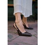 Madamra Women's Brown Patent Leather Open Back Heeled Shoes Cene