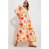 Trend Alaçatı Stili Women's Orange Big Collar Shawl Patterned Maxi Length Dress Cene