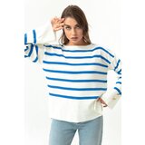 Lafaba Women's Blue Boat Collar Striped Knitwear Sweater Cene