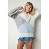  Women's Ecru Gray Block Color High Neck Knitwear Sweater Cene