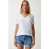 Happiness İstanbul Women's White V Neck Modal Knitted T-Shirt