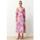 Trendyol Pink Floral Print A-line Carmen Collar Chiffon Lined Midi Woven Dress cene