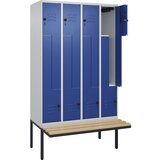 C+P Garderobna Z-omara s klopjo Classic PLUS, 4 deli, svetlo sive / encijan modre barve, Š 1200 mm, varnostni vrtljivi zapah, lebdeča klop, bukov les | Shoptok.si