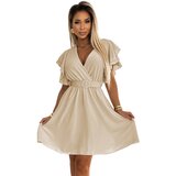 numoco basic 586-1 Women's dress with envelope neckline, sleeves and belt - beige | Shoptok.si