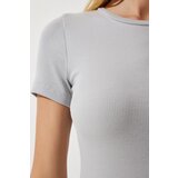 Women's Stone Crew Neck Wraparound Ribbed Knitted Dress | Shoptok.si