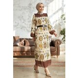 InStyle Viona Patterned Pleated Dress with a Belt - Brown cene