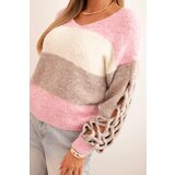 Kesi Włoski Women's striped sweater with cable-knit sleeves made of wool pink + fango | Shoptok.si