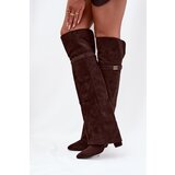 Boto Insulated boots with rolled top Over the knee block heel chocolate Serelle | Shoptok.si