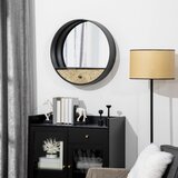 HOMCOM Okroglo stensko ogledalo Ø61 cm, dekorativno ogledalo s predalom ter kovinskim in MDF okvirjem, črno, (20710880) | Shoptok.si