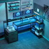  Igraći stol L-oblikovan s LED rasvjetom i utičnicama s postoljem za dva monitora 165x80x91 5 cm izgled crnog drveta | shoptok.hr