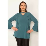Şans Women's Plus Size Green Collar And Flounce Detailed Blouse Cene
