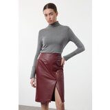 Trendyol Dark Red Limited Edition Faux Snakeskin Slit Detailed Midi Woven Skirt Cene