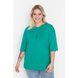 Trendyol Curve Green Embroidered Knitted T-Shirt Cene