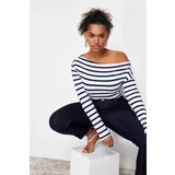 Trendyol Curve Navy Blue Striped Premium Soft Fabric Fitted Boat Neck Stretch Knitted Blouse