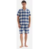 Dagi Navy Blue Shirt Collar Plaid Weave Pajamas Set