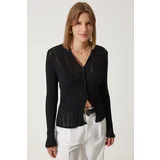 Happiness İstanbul Women's Black Polo Collar Summer Openwork Knitwear Cardigan