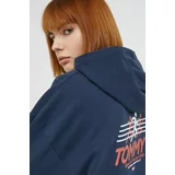 Tommy Jeans Pamučna dukserica za žene, boja: tamno plava, s kapuljačom, s tiskom
