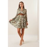By Saygı Double-breasted Collar Leopard Pattern Lined Satin Dress with Belted Waist Khaki Cene