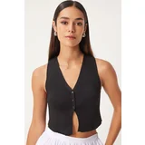 Happiness İstanbul Women's Black V-Neck Crop Knitwear Vest