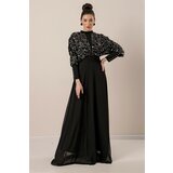 By Saygı Bat Sleeve Sequined Gilded Lined Chiffon Hijab Dress Black Cene