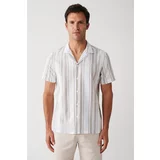 Avva Men's Brown Easy-Iron Cuban Collar Striped Short Sleeve Standard Fit Regular Cut Shirt