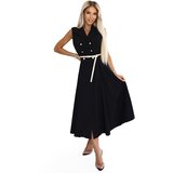 numoco basic 596-3 Elegant midi shirt dress with gold buttons and belt - black | Shoptok.si