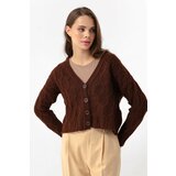 Lafaba Women's Brown Knitted Detailed Cardigan with a Sharon Knitwear Cene