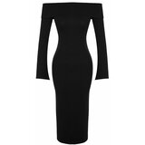 Trendyol Black Fitted/Sticky Carmen Collar Corsair Soft-Texture Midi, Stretch Knit Dress Cene