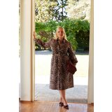 Trendyol Curve Multicolored Long Sleeve Leopard Patterned Elastic Waist Gabardine Woven Plus Size Dress