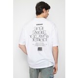Trendyol Men's White Oversize/Wide-Fit Crew Neck Fluffy Text Printed 100% Cotton T-Shirt Cene