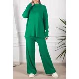 armonika Women's Green Thick Ribbed Standing Collar With Buttons, Knitwear Suit