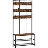 Songmics HSR087B01 Stojalo za oblačila z 8 kavlji in sedežem, 2 mrežasti polici, hodnik, dnevna soba, kovinski okvir, industrijski slog, vintage rjava/črna, (21389254) Cene