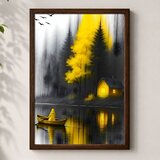 Wallxpert uramljena mdf slika 3752KACT-016, osoba u žutom u čamcu ispred žutog drveta i kuće na jezeru, 37 x 52 cm | Eponuda.com