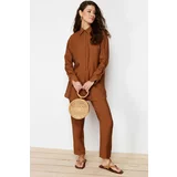 Trendyol Brown Sleeve Gathered Aerobin Shirt Trousers Woven Bottom Top Suit