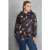 Şans Women's Plus Size Black Front Printed Hooded Sweatshirt Cene
