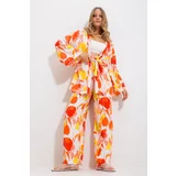 Trend Alaçatı Stili Women's Orange Kimono Jacket And Palazzo Pants Suit