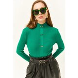 Olalook Women's Grass Green High Neck Button Garnished Lycra Knitwear Sweater | Shoptok.si
