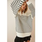  Women's Ecru Black Zippered Stand Up Collar Striped Oversize Sweater | Shoptok.si