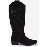 Boto Openwork Women's Knee-High Block Heeled Boots Black Fioris | shoptok.hr