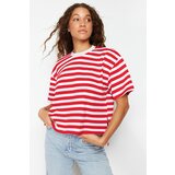 Trendyol Red Striped 100% Cotton Asymmetrical Loose/Relaxed Cut Knitted T-Shirt Cene