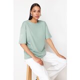 Trendyol Mint 100% Cotton Sleeve Slogan Printed Relaxed/Comfortable Fit Knitted T-Shirt | Shoptok.si