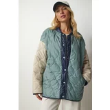 Happiness İstanbul Women's Water Green Cream Block-Colored Oversize Quilted Coat