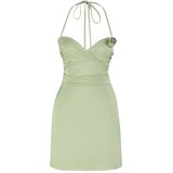Trendyol light green waist opening/skater knitted flower detailed elegant evening dress Cene