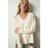  Women's Ecru V-Neck Textured Knitwear Sweater | Shoptok.si