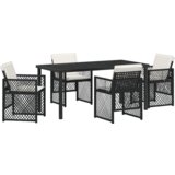 vidaXL set za objedovanje u vrtu od 5 dijelova s jastučićima Crni poli ratan, vrtni stol Crni 160x80x73 cm Staklo otporno na udarce | shoptok.hr