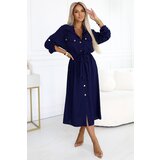 numoco basic 531-6 Midi Shirt Dress with Gold Buttons and Tie - Navy Blue | Shoptok.si