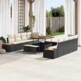 vidaXL 11-delni set vrtnih kavčev z blazinami Črn Poli ratan Akacija | Shoptok.si
