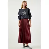 Happiness İstanbul Women's Burgundy Shiny Surface Pleated Knitted Skirt